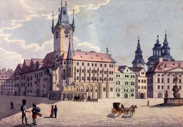 Praça da Cidade Velha de rua Celetná, Praga, c.1810 (gravura colorida)